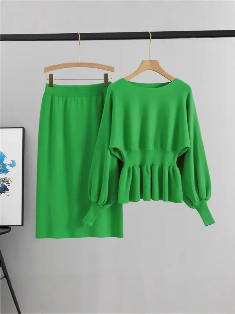 Cross-Border Foreign Trade Versatile Ladylike Two-Piece Set Ruffled Sweater High-Waist Slim Skirt Suit for Women in Autumn