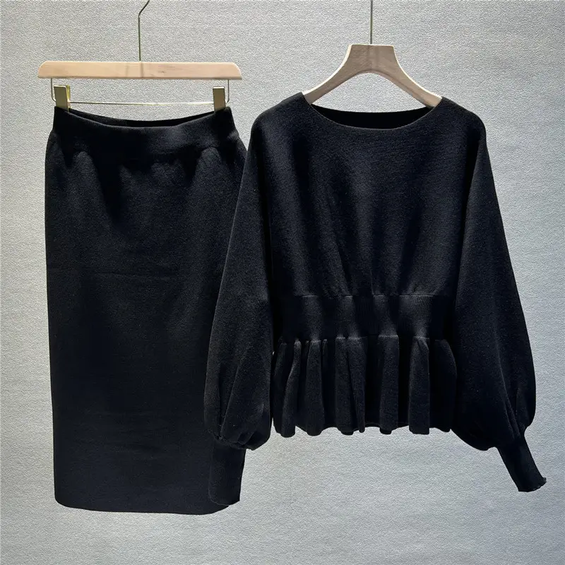 Cross-Border Foreign Trade Versatile Ladylike Two-Piece Set Ruffled Sweater High-Waist Slim Skirt Suit for Women in Autumn — feature 14