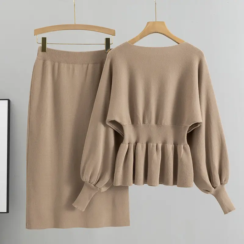 Cross-Border Foreign Trade Versatile Ladylike Two-Piece Set Ruffled Sweater High-Waist Slim Skirt Suit for Women in Autumn — feature 5