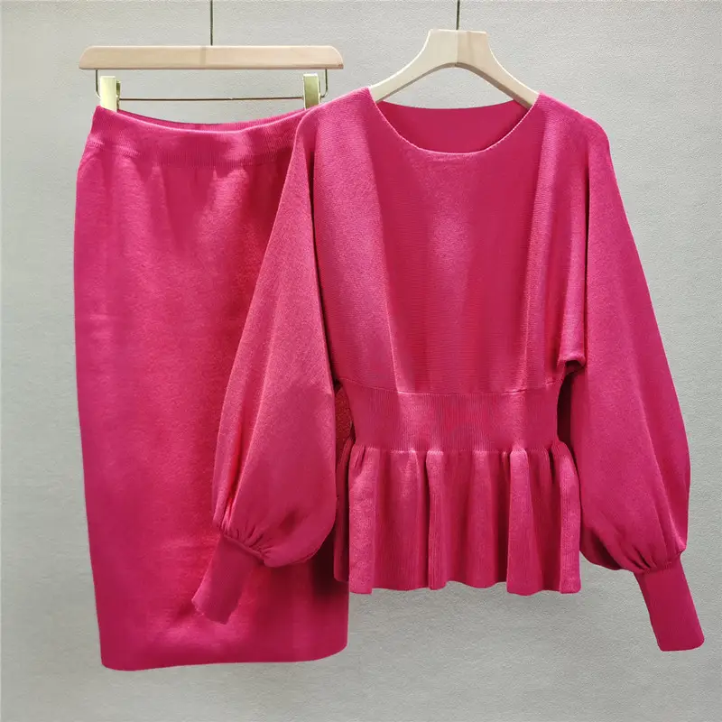 Cross-Border Foreign Trade Versatile Ladylike Two-Piece Set Ruffled Sweater High-Waist Slim Skirt Suit for Women in Autumn