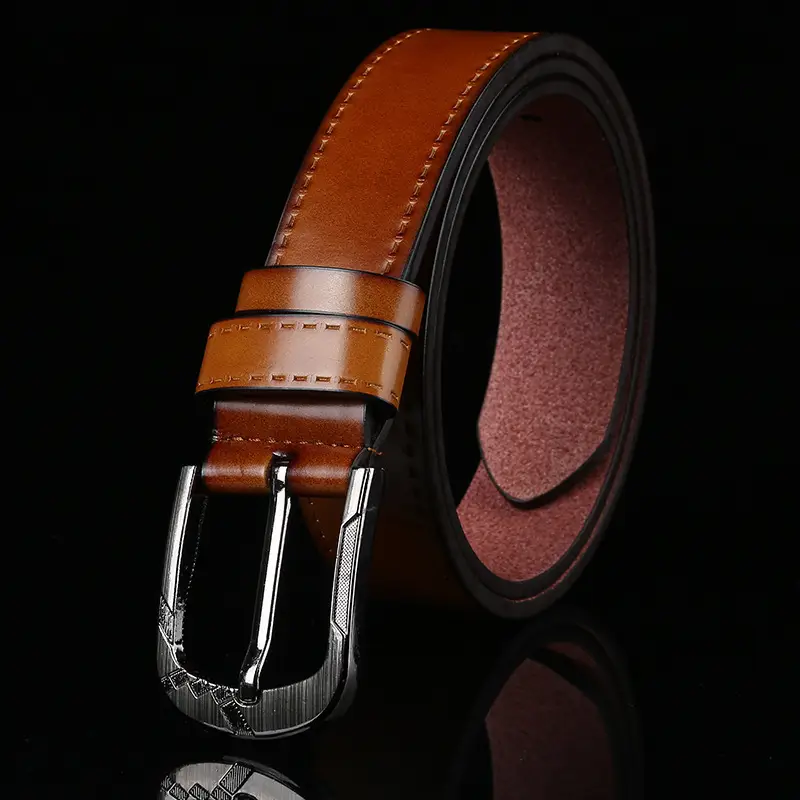 Men Brown Leather Belt with Silver Buckle - Image 7