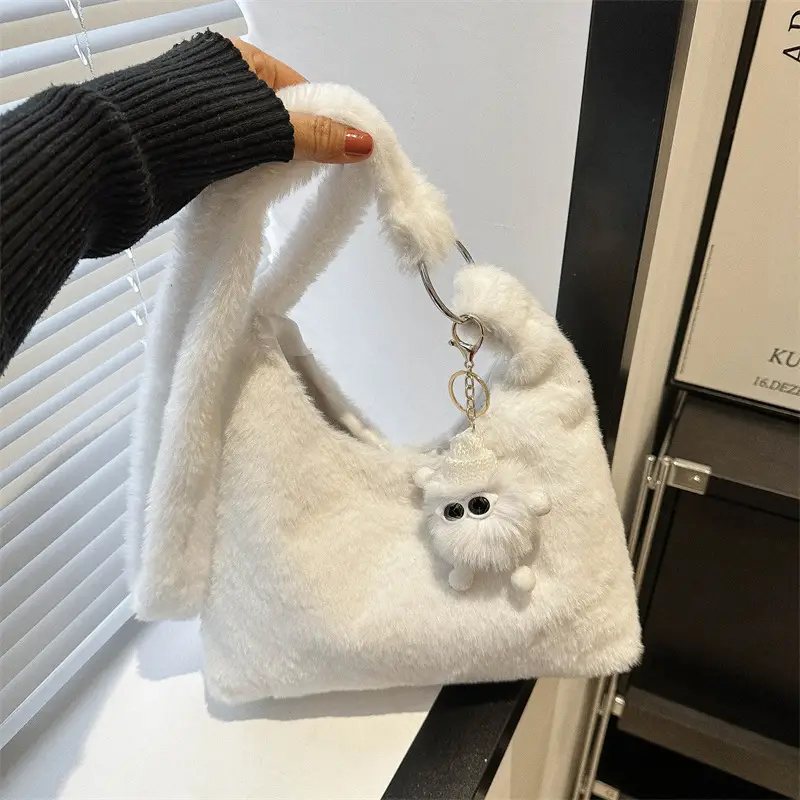 Winter Plush Shoulder Messenger Bag White Korean Style - Image 3