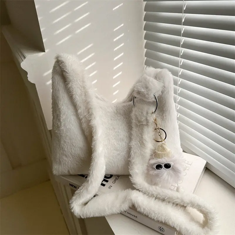 Winter Plush Shoulder Messenger Bag White Korean Style - Image 4
