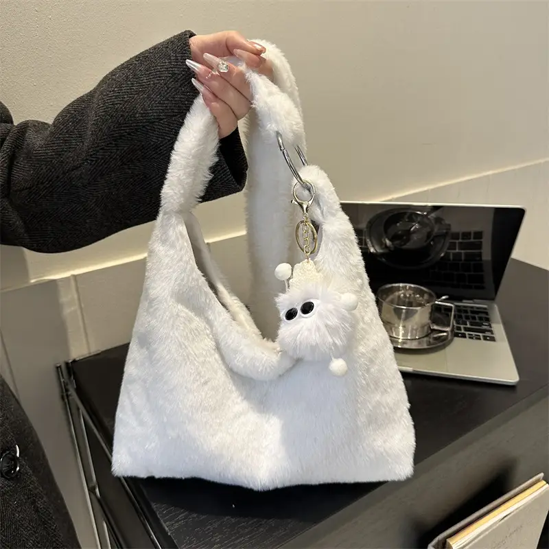 Winter Plush Shoulder Messenger Bag White Korean Style - Image 5