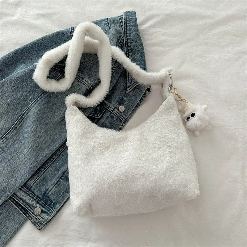 Winter Plush Shoulder Messenger Bag White Korean Style - Image 2