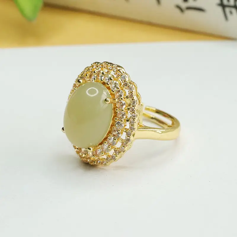 Aiyu Natural Hetian Jade Ring Full Diamond Gold Plated - Image 4