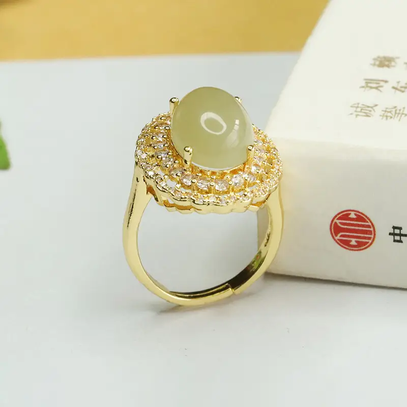 Aiyu Natural Hetian Jade Ring Full Diamond Gold Plated - Image 5