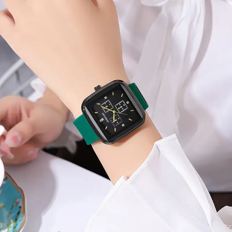 Women's Black Square Quartz Watch with 3-Eye Display - Image 5