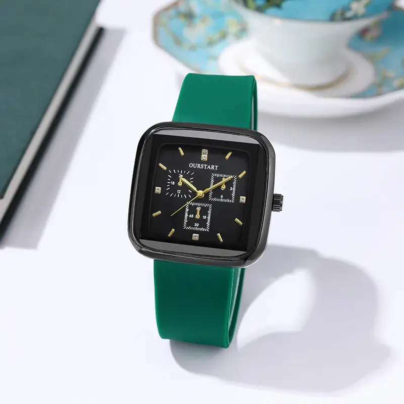 Women's Black Square Quartz Watch with 3-Eye Display - Image 2