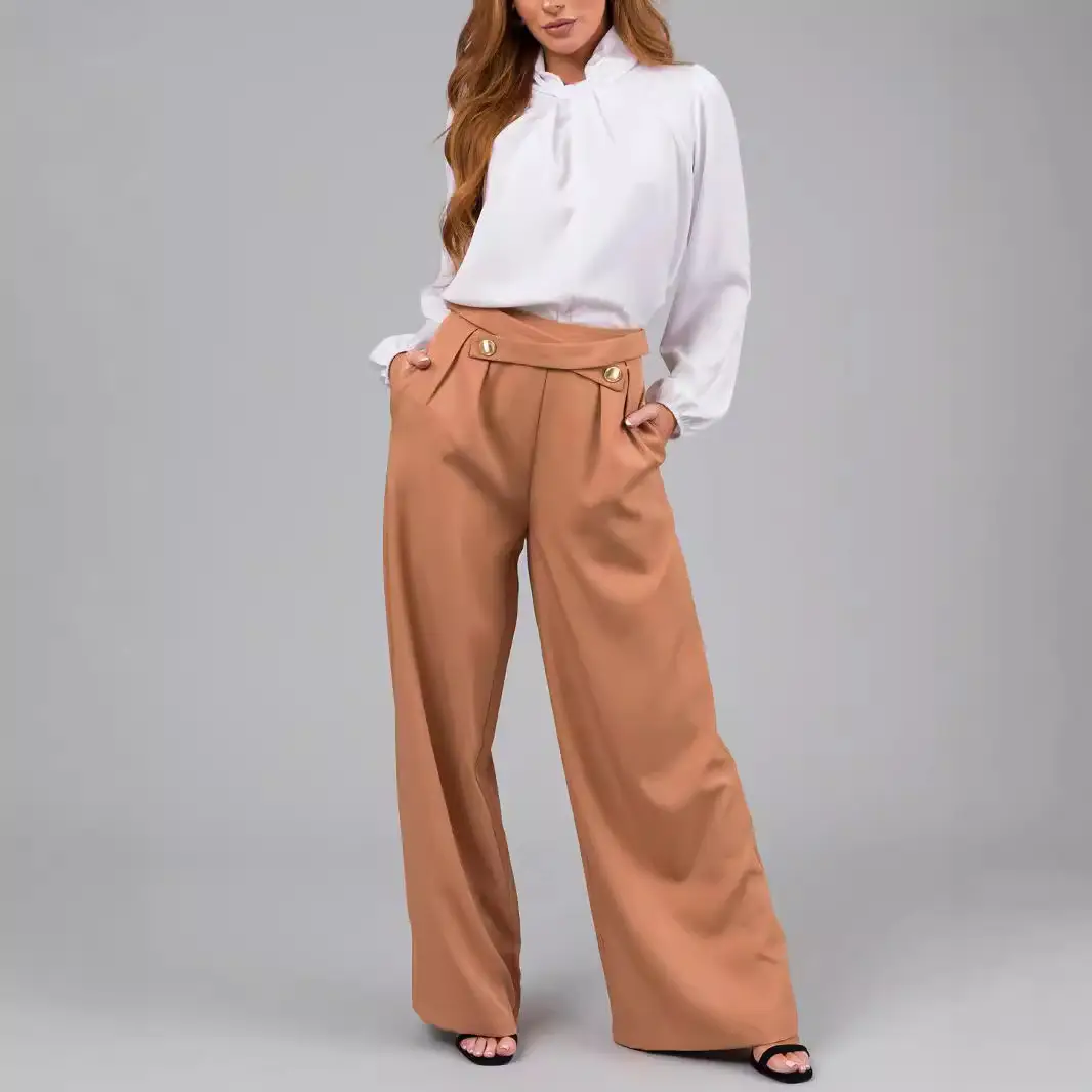 Women Loose Straight Leg Pants Tan Hot Selling - Image 3