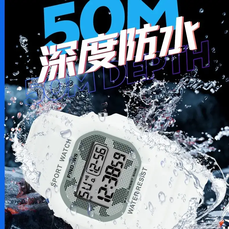 White Digital Watch with LED Light & Water Resistant - Image 10