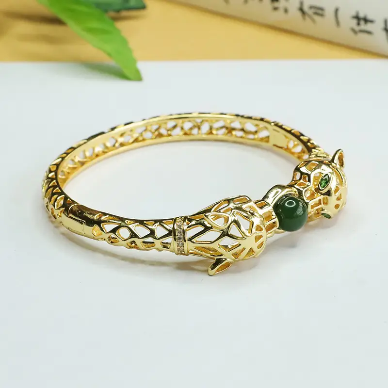 Jade Inlaid Bird Bracelet Gold Green Bead - Image 4