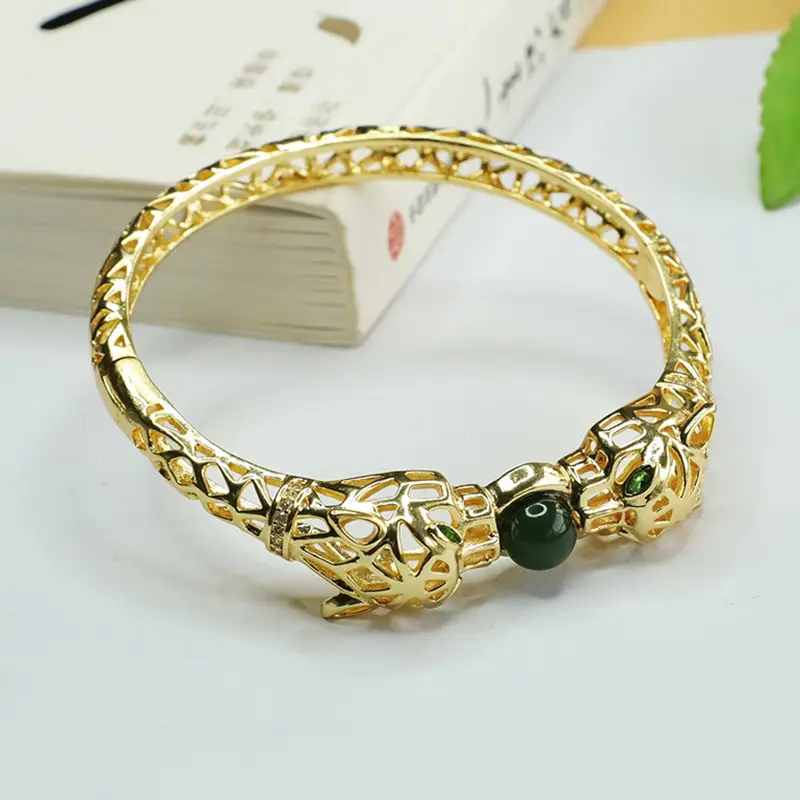 Jade Inlaid Bird Bracelet Gold Green Bead - Image 5