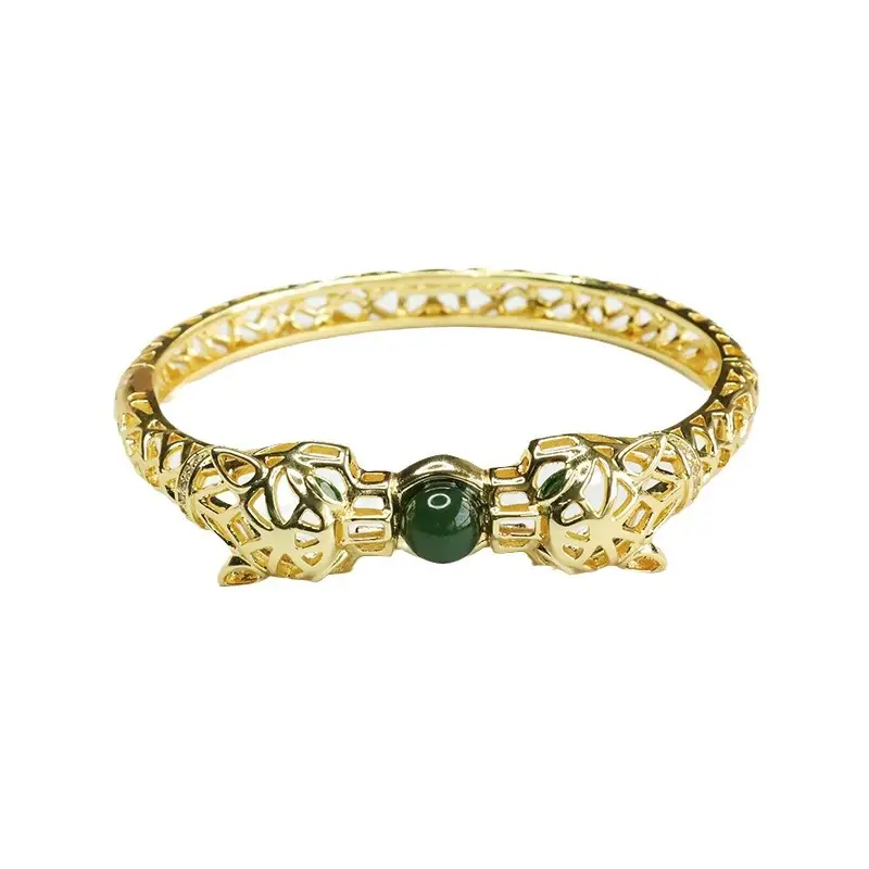 Jade Inlaid Bird Bracelet Gold Green Bead - Image 6