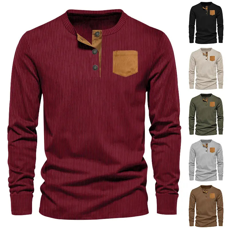 Men's Grey Corduroy Henley T-Shirt with Patch Pocket - Image 7