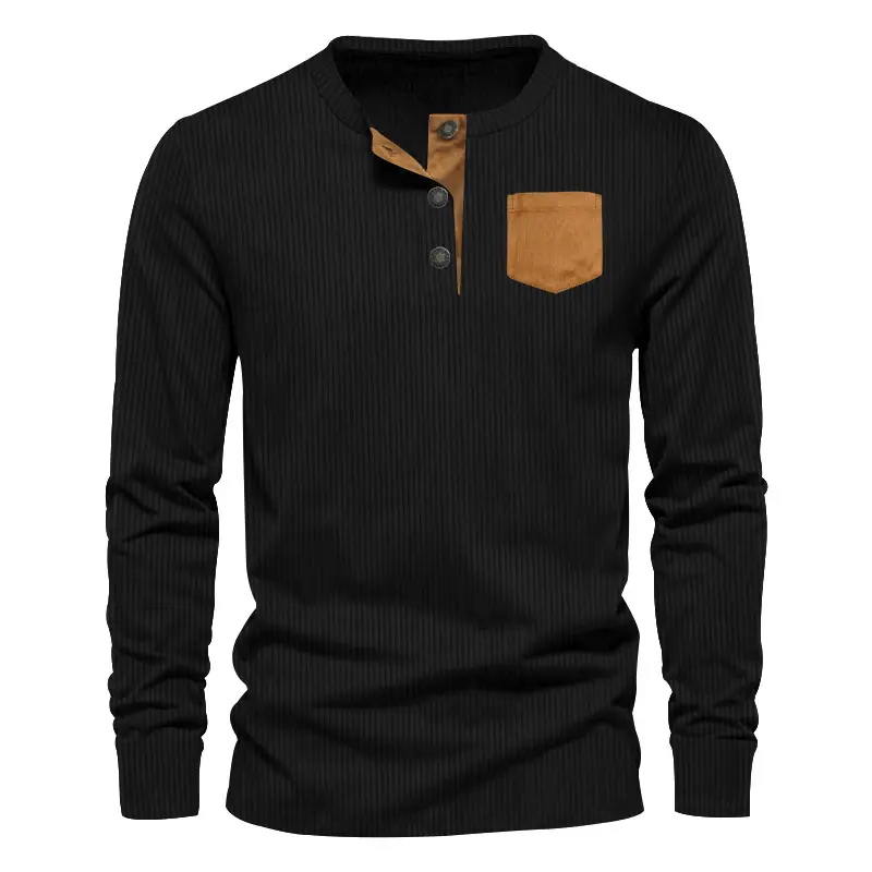 Men's Grey Corduroy Henley T-Shirt with Patch Pocket - Image 8