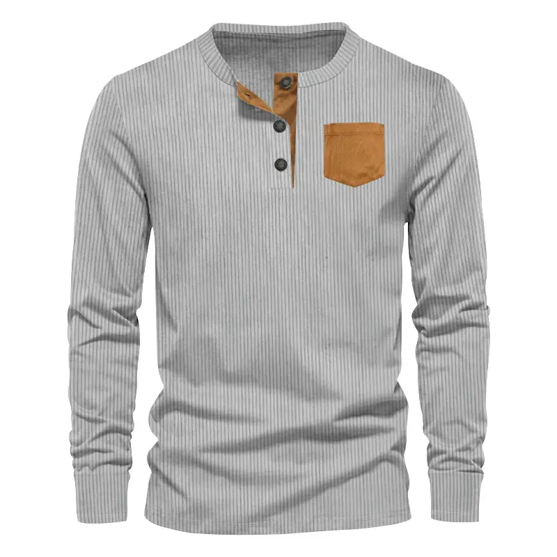 Men's Grey Corduroy Henley T-Shirt with Patch Pocket — feature 15