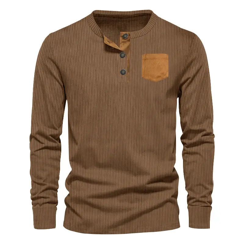 Men's Grey Corduroy Henley T-Shirt with Patch Pocket — feature 19