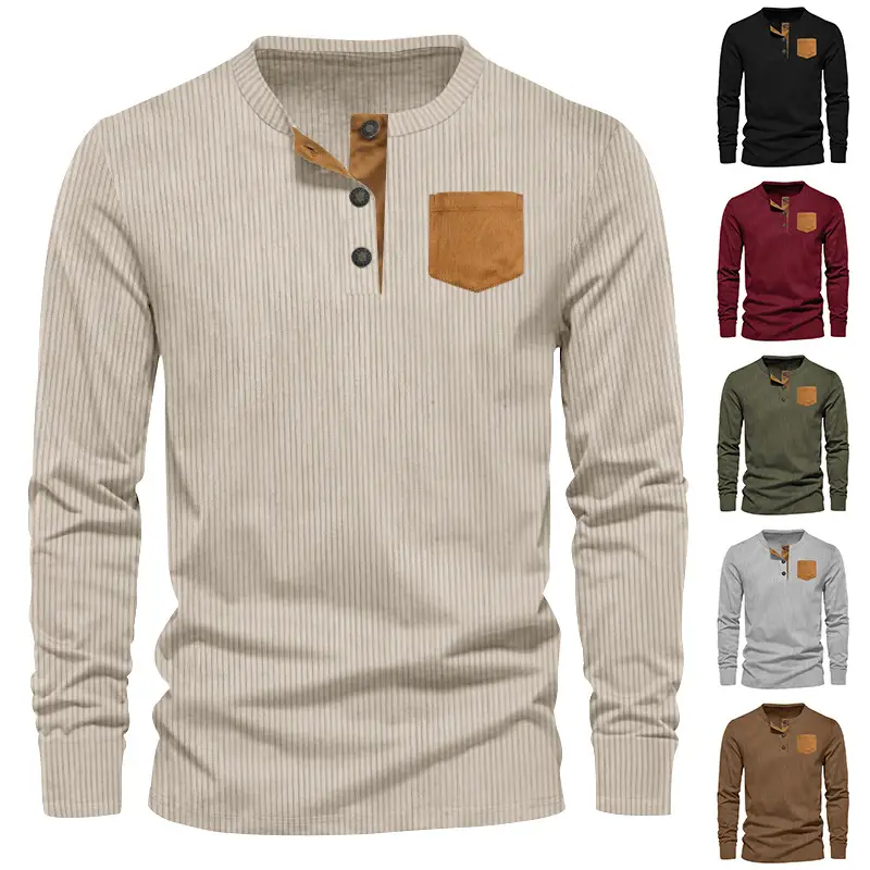 Men's Grey Corduroy Henley T-Shirt with Patch Pocket — feature 3
