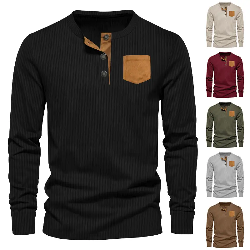 Men's Grey Corduroy Henley T-Shirt with Patch Pocket — feature 4