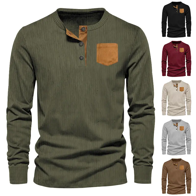Men's Grey Corduroy Henley T-Shirt with Patch Pocket — feature 6