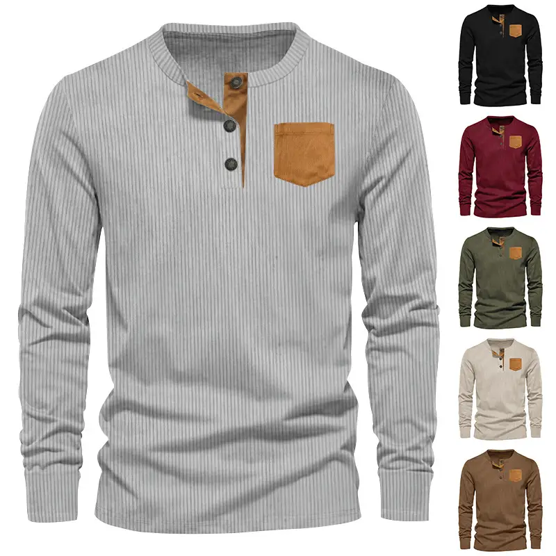 Men's Grey Corduroy Henley T-Shirt with Patch Pocket — feature 7