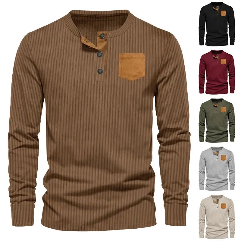 Men's Grey Corduroy Henley T-Shirt with Patch Pocket — feature 8