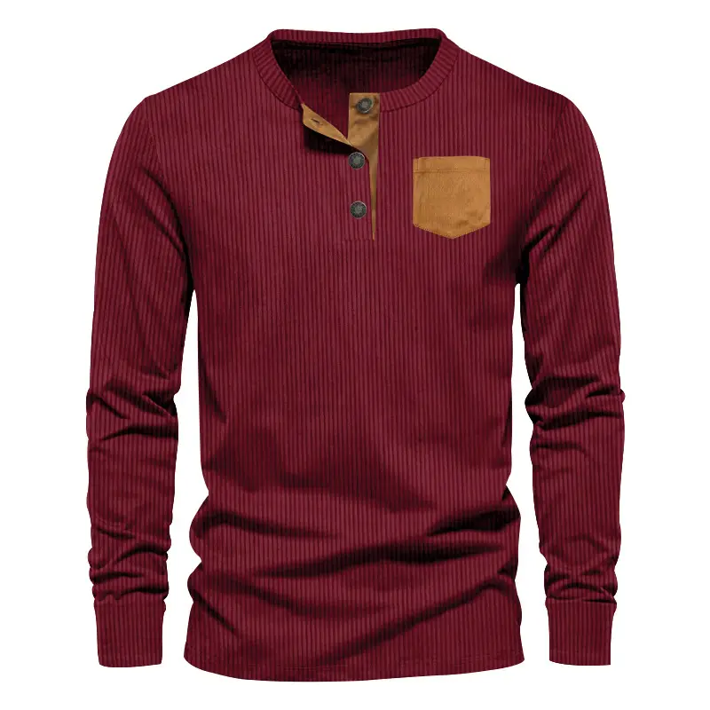 Men's Grey Corduroy Henley T-Shirt with Patch Pocket - Image 2
