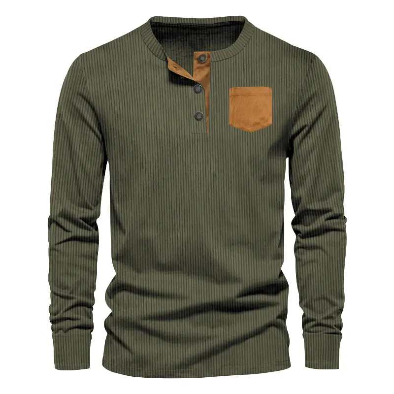 Men's Grey Corduroy Henley T-Shirt with Patch Pocket - Image 3