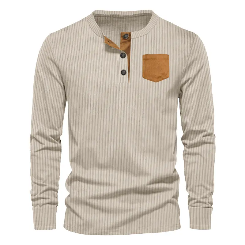 Men's Grey Corduroy Henley T-Shirt with Patch Pocket - Image 5