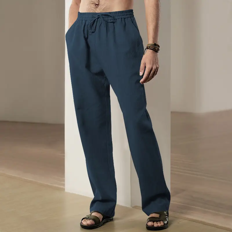 Men's Blue Linen Hip Hop Casual Trousers - Image 10