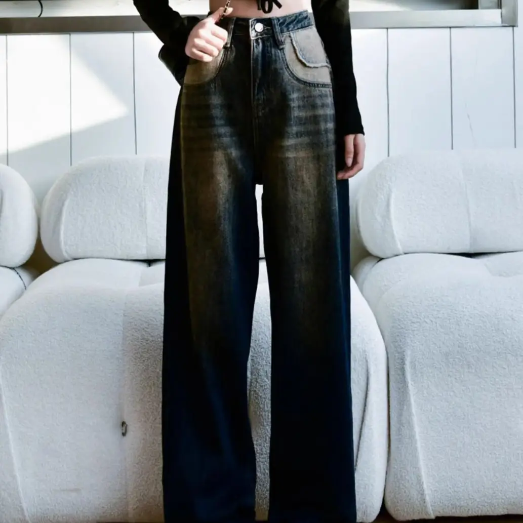 Women Retro Distressed Dark Blue Jeans High Waist Loose Autumn