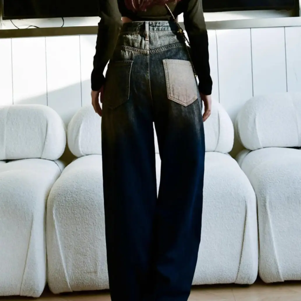 Women Retro Distressed Dark Blue Jeans High Waist Loose Autumn