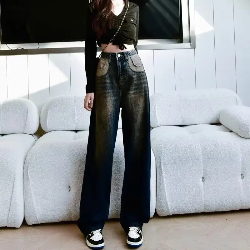 Women Retro Distressed Dark Blue Jeans High Waist Loose Autumn