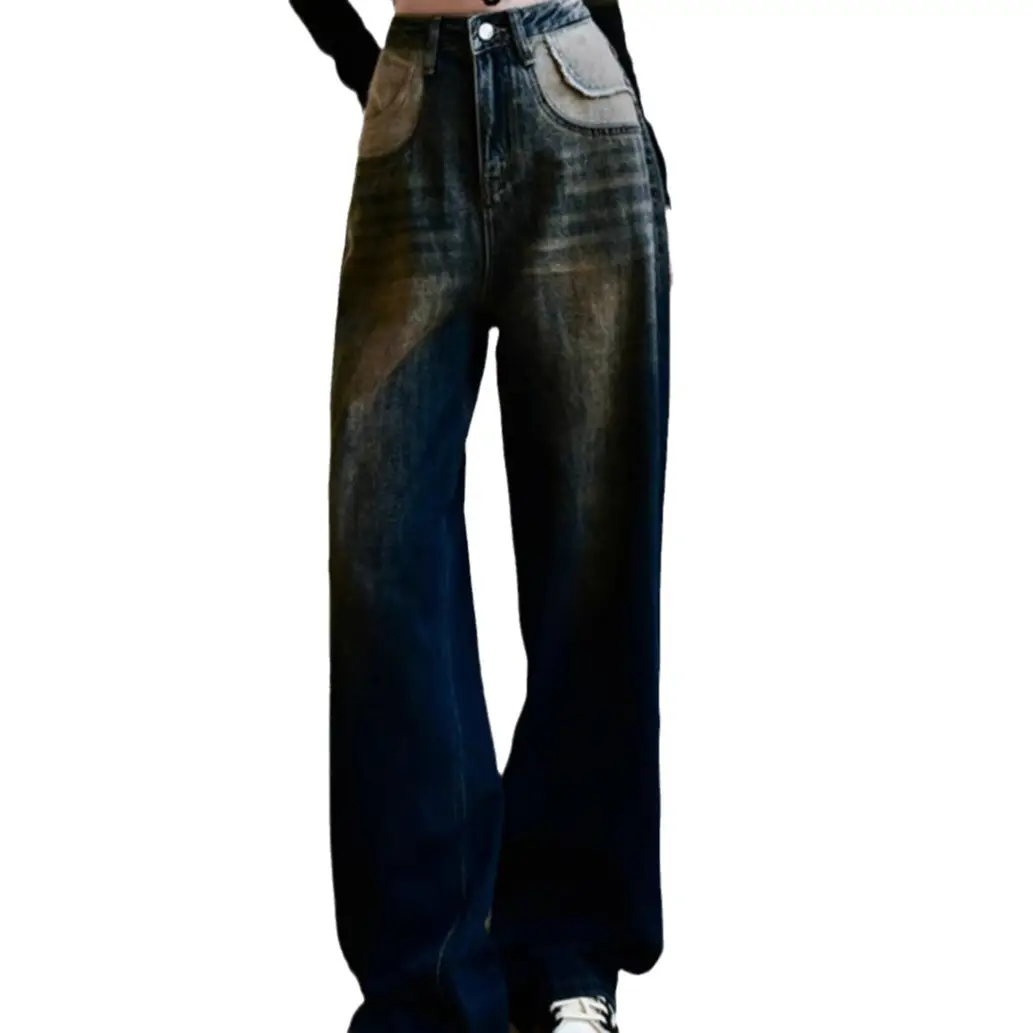 Women Retro Distressed Dark Blue Jeans High Waist Loose Autumn