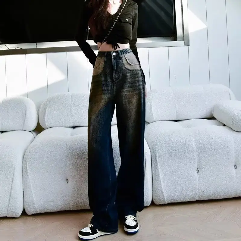 Women Retro Distressed Dark Blue Jeans High Waist Loose Autumn — feature 20