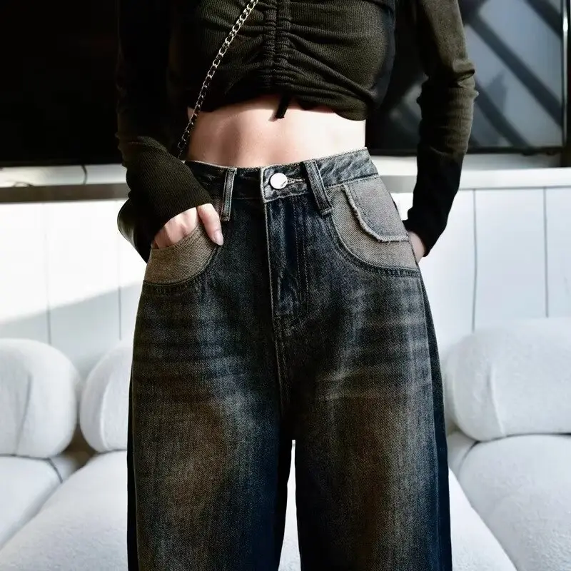Women Retro Distressed Dark Blue Jeans High Waist Loose Autumn — feature 25