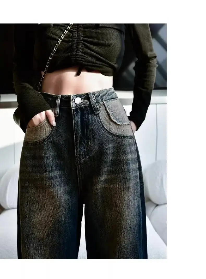 Women Retro Distressed Dark Blue Jeans High Waist Loose Autumn — feature 4