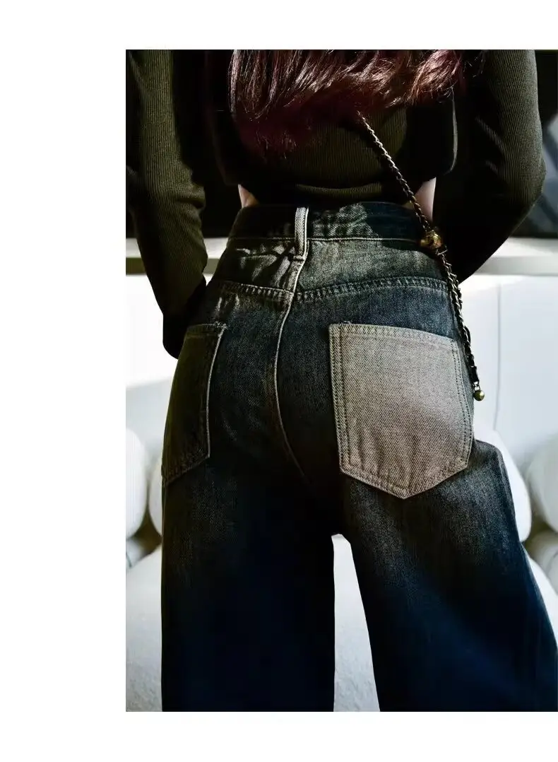 Women Retro Distressed Dark Blue Jeans High Waist Loose Autumn — feature 5