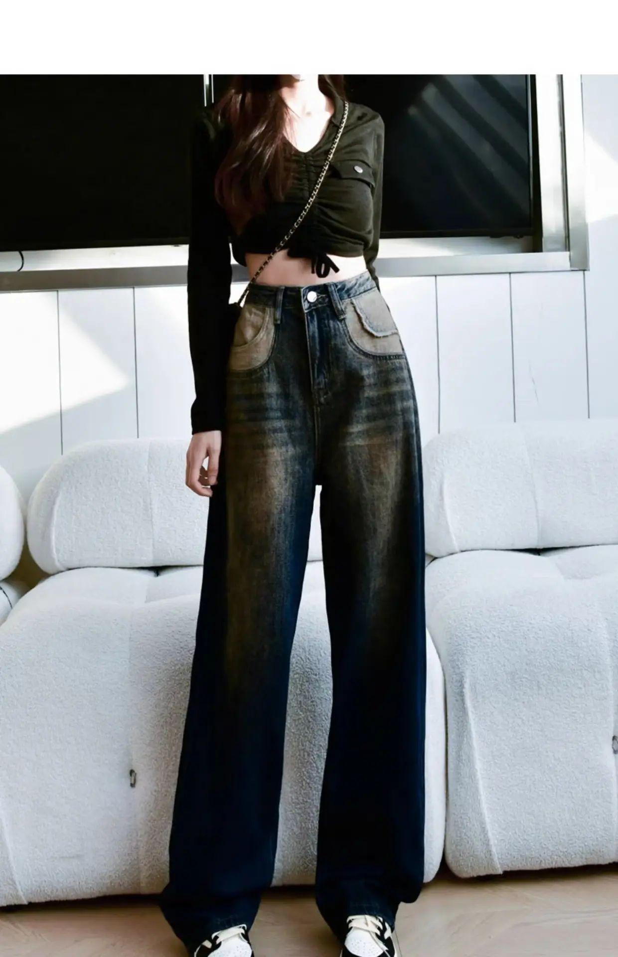 Women Retro Distressed Dark Blue Jeans High Waist Loose Autumn — feature 6