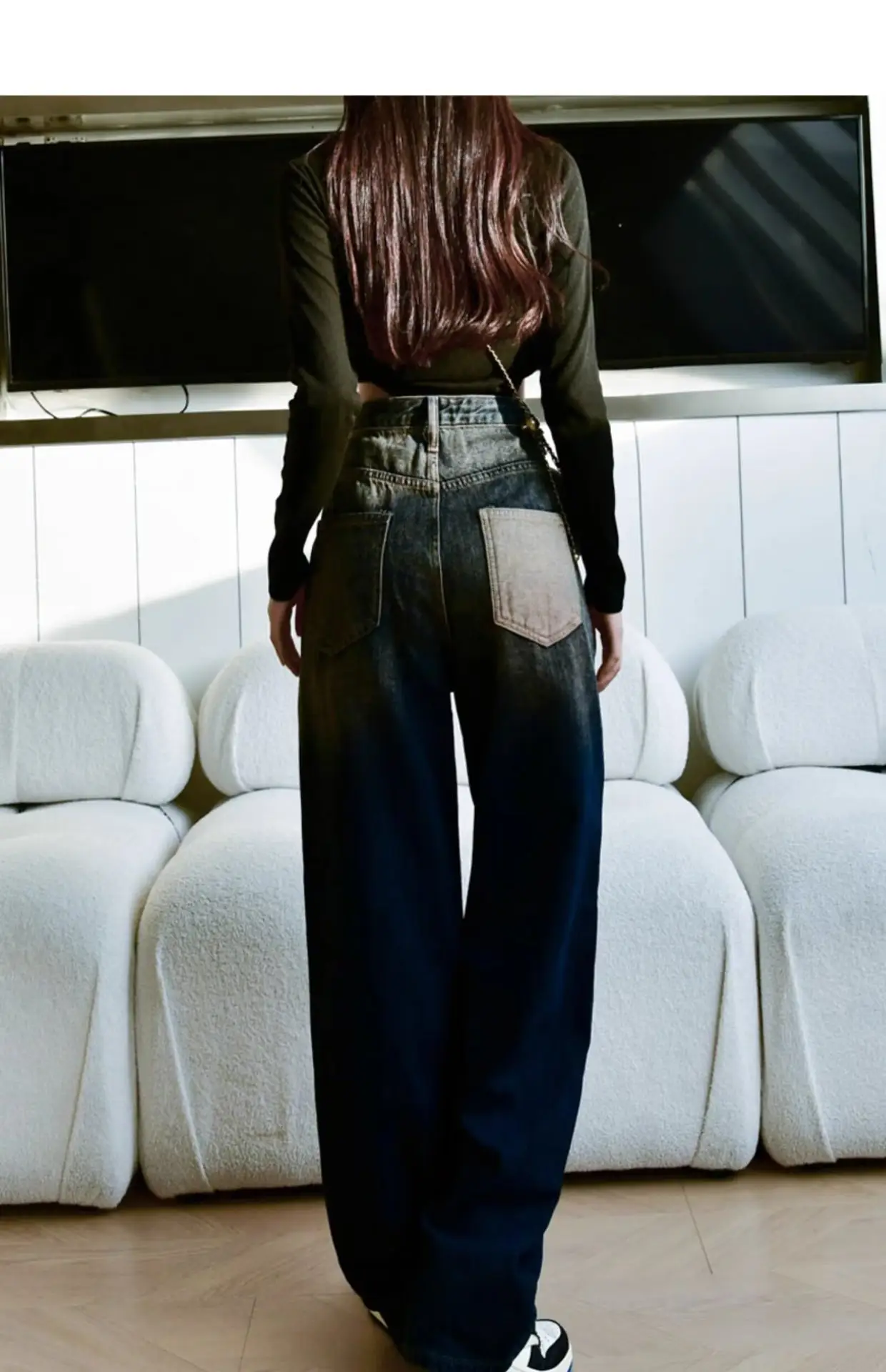 Women Retro Distressed Dark Blue Jeans High Waist Loose Autumn — feature 8