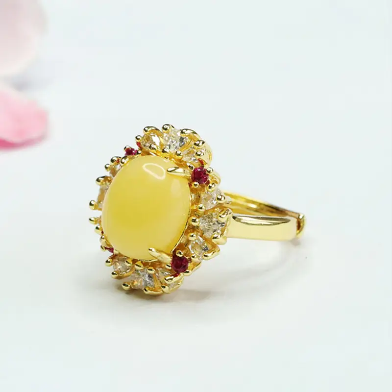 Guan Yu Yellow Amber Ring with Red Stones - Image 3