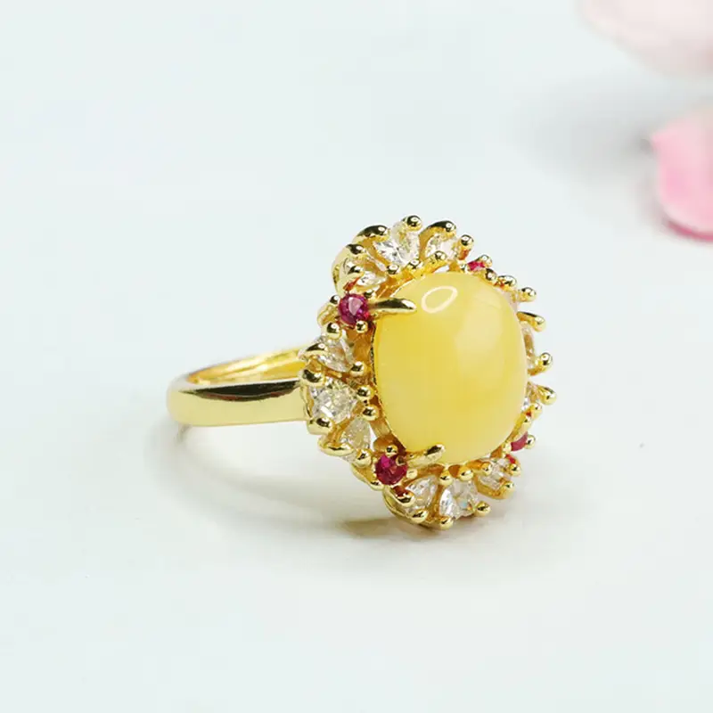 Guan Yu Yellow Amber Ring with Red Stones - Image 4