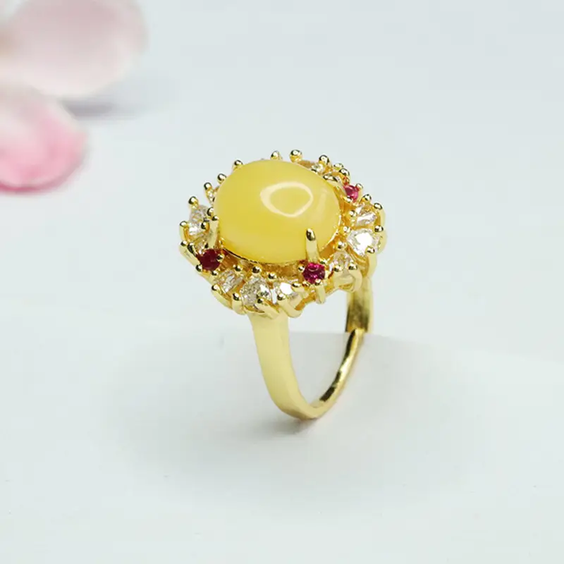 Guan Yu Yellow Amber Ring with Red Stones - Image 5