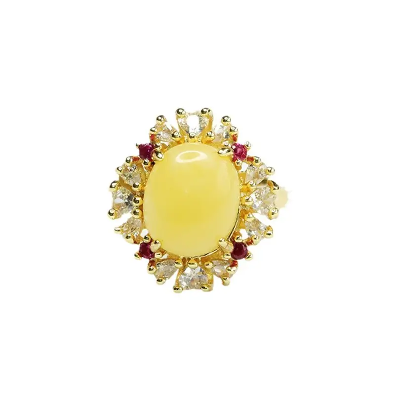 Guan Yu Yellow Amber Ring with Red Stones - Image 6