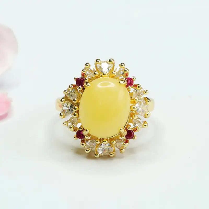 Guan Yu Yellow Amber Ring with Red Stones — feature 4