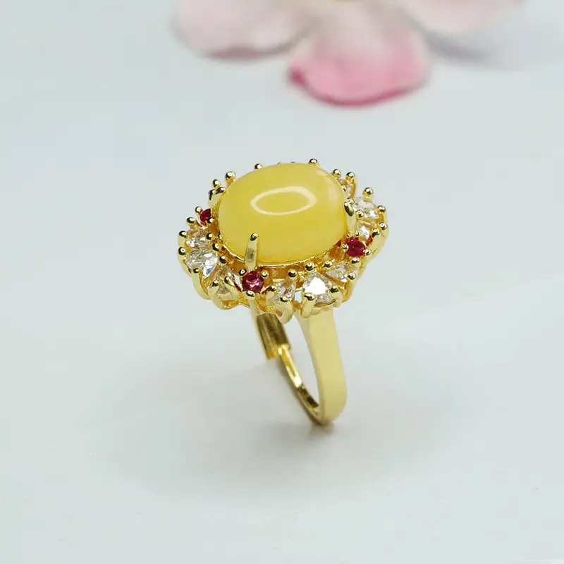 Guan Yu Yellow Amber Ring with Red Stones — feature 9