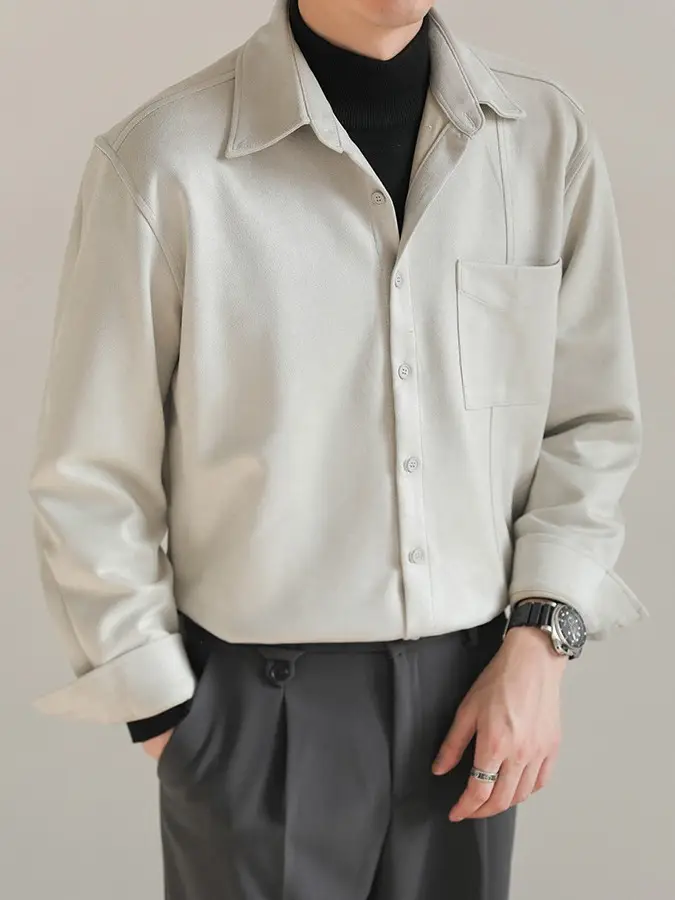 Men Korean Style Suede Long Sleeve Shirt Light Beige