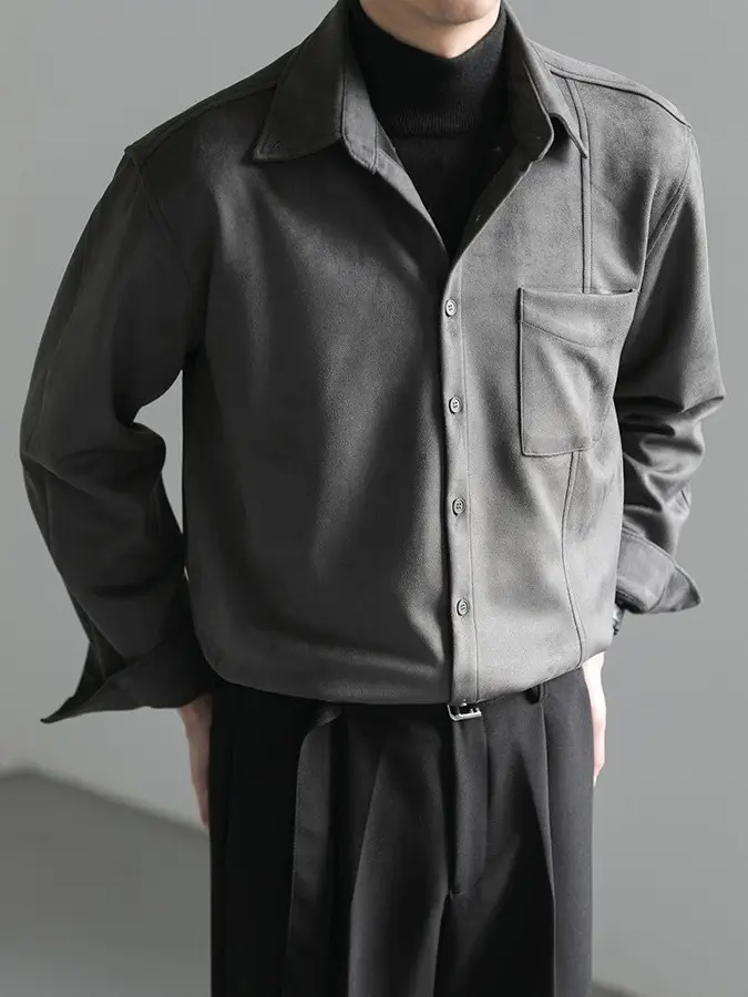 Men Korean Style Suede Long Sleeve Shirt Light Beige