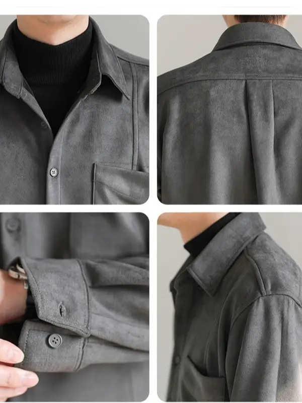 Men Korean Style Suede Long Sleeve Shirt Light Beige